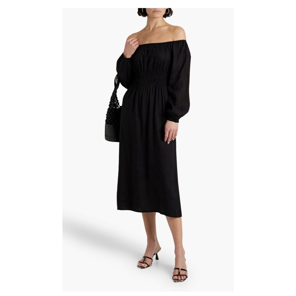 Onia Air Linen Smocked Long Sleeve Dress XS Black $175